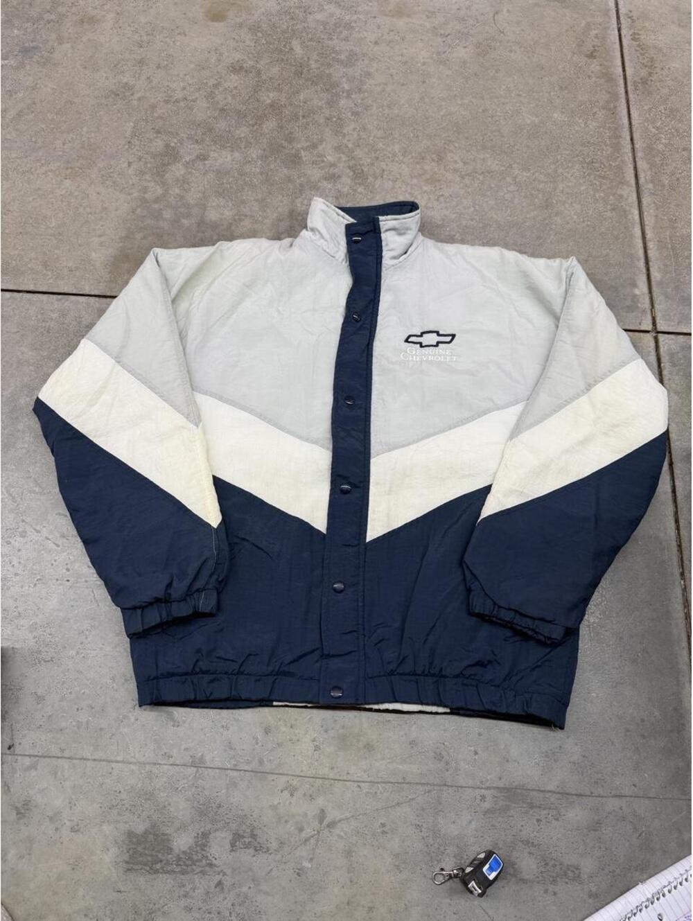 vintage chevy navy white and grey chevrolet puffer jacket size large